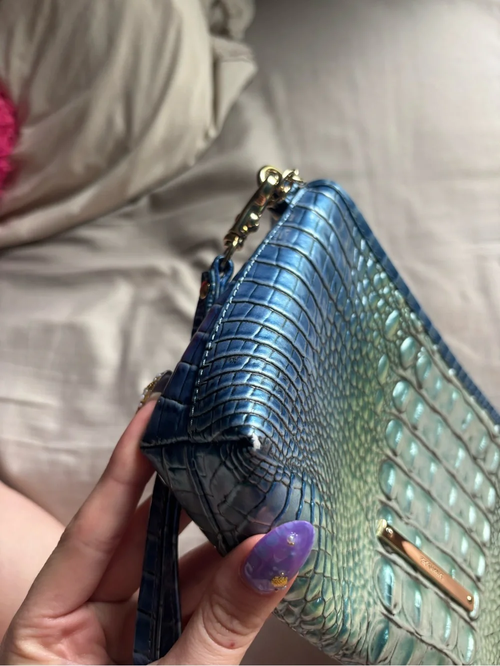 Brahmin Teal Green Iridescent Croc-Embossed Wristlet